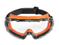 Safety goggles with an orange frame and a black elastic strap.