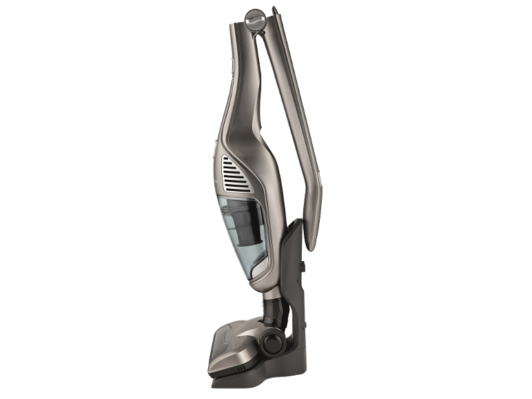 2-in-1 cordless stick vacuum cleaner in grey with a transparent dust container.