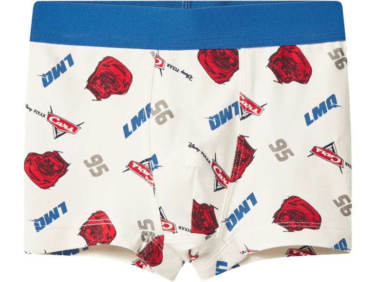 White children's boxers with blue waistband, red car decals, and number 95 print.