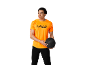 Men's orange T-shirt with «FUELED BY FITNESS» text and black sports trousers.