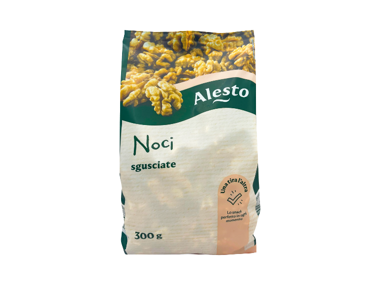 A 300g package of shelled walnuts, with the text 'Noci sgusciate'.