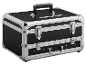 Black tool case with silver metal reinforcements and a handle.