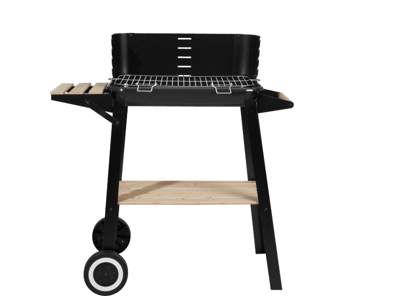 Black charcoal grill with side shelves and wheels.