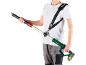 Man holding a telescopic pole pruner with a shoulder strap.