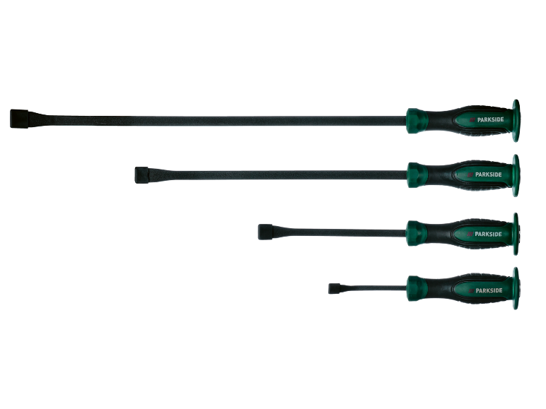 Set of four chisels with green and black handles, arranged in decreasing size.