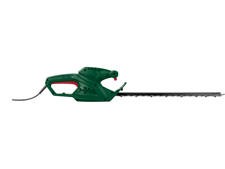 Green electric hedge trimmer with a red handle and a black blade.