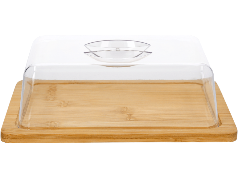 Bamboo serving board with clear plastic dome cover, featuring two small bowls inside.