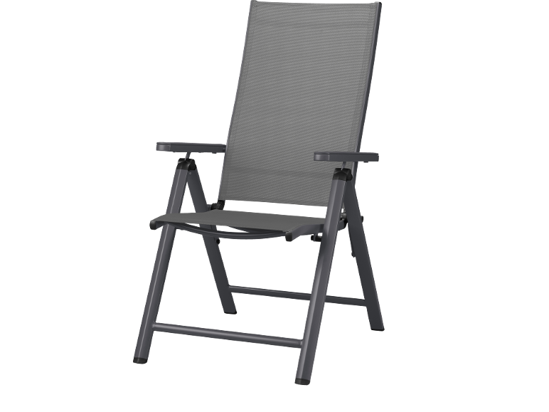 Grey folding chair with armrests and textile seat and backrest.