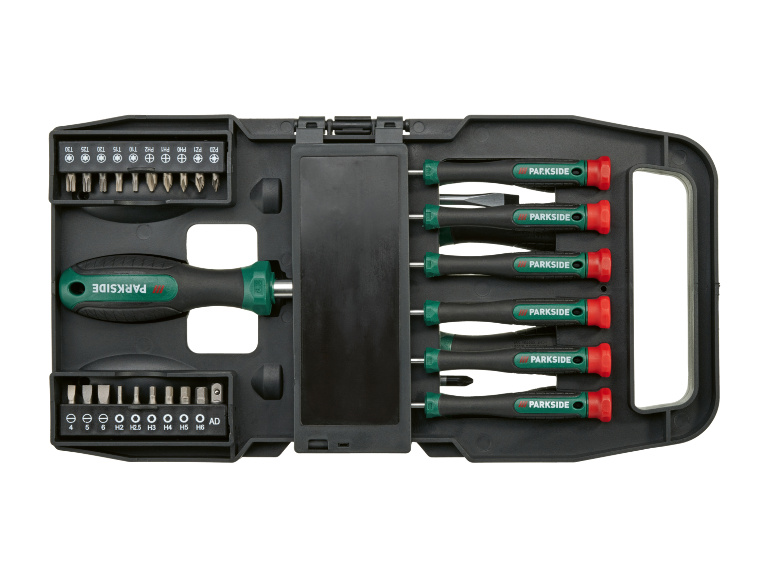 Screwdriver set with various bits and precision screwdrivers in a black case.