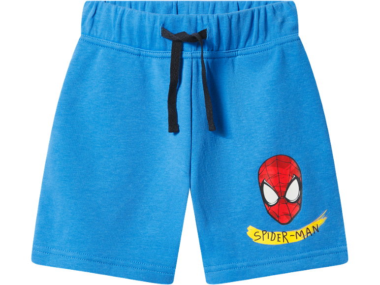 Blue shorts with an elastic waistband, black drawstring, and a red superhero mask print.