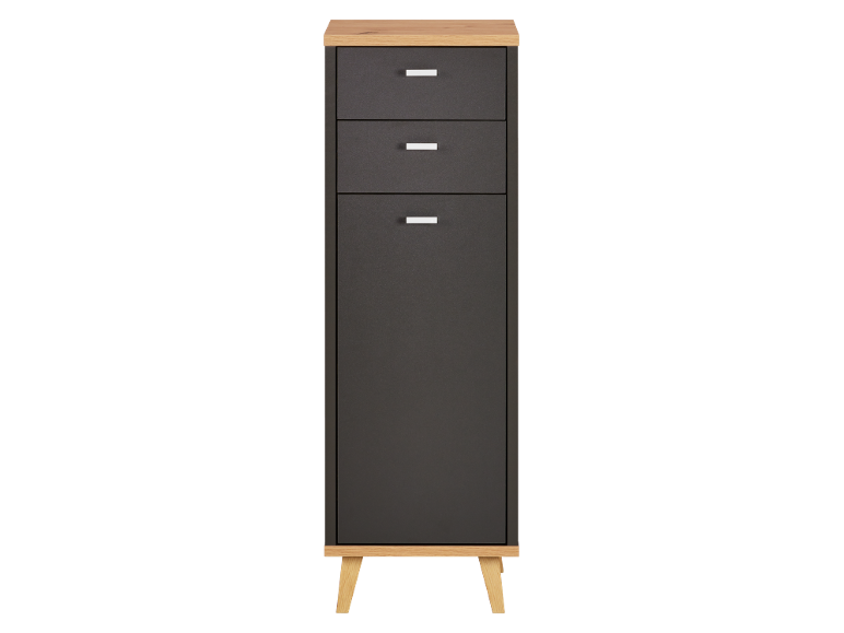Modern grey chest of drawers with three drawers and light wooden legs.
