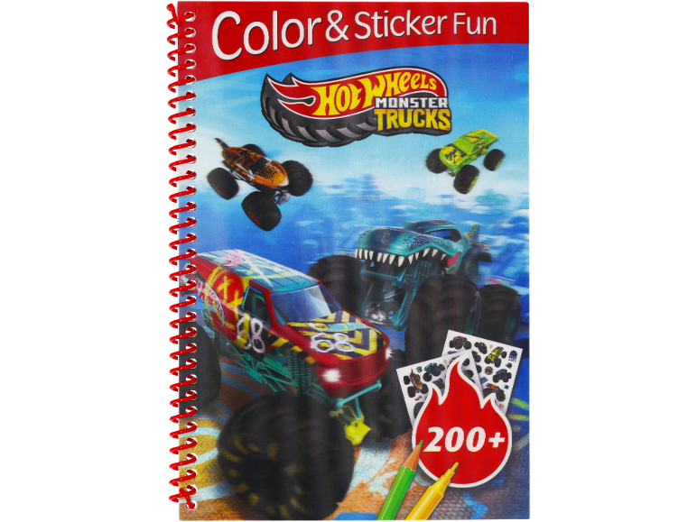 Monster truck coloring and sticker book, featuring over 200 stickers.