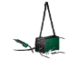 Green welding machine with a welding gun and an earth clamp.