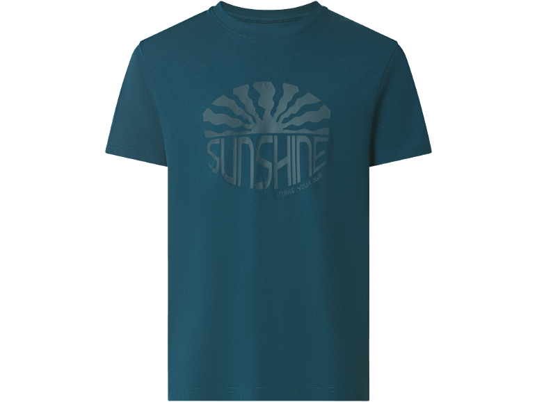 Dark teal t-shirt with a subtle 'SUNSHINE MAKE YOUR OWN' graphic on the front.