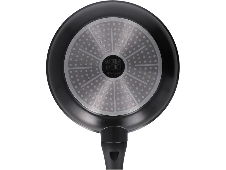 Bottom of a frying pan with an induction base and cooking compatibility symbols.