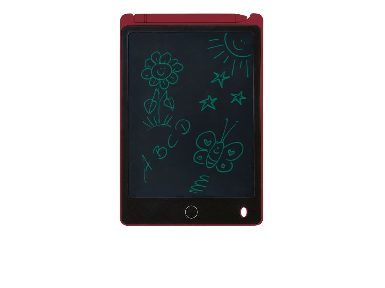Red LCD writing tablet with green drawings of a flower, sun, stars, butterfly, and ABC.