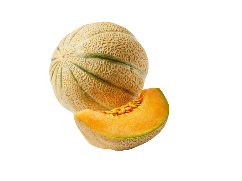 Whole melon and a melon slice on a black background.