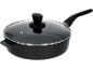 Black frying pan with a glass lid and an ergonomic handle.