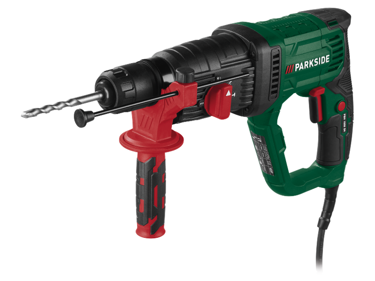 Green rotary hammer drill with a red handle and a drill bit.