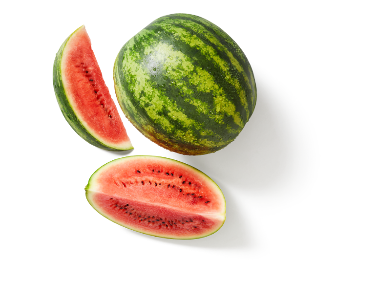 Whole watermelon, a slice, and a half watermelon with seeds on a white background.