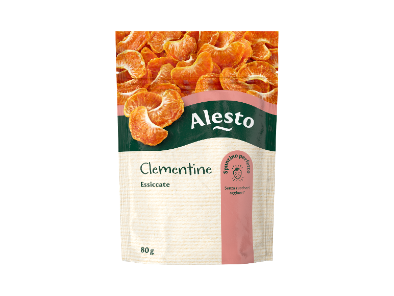Pouch of dried mandarin segments with text and a strawberry icon.