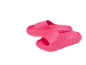 A pair of pink slide sandals with a thick sole and textured strap.