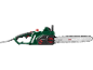 Green electric chainsaw with black and red details.