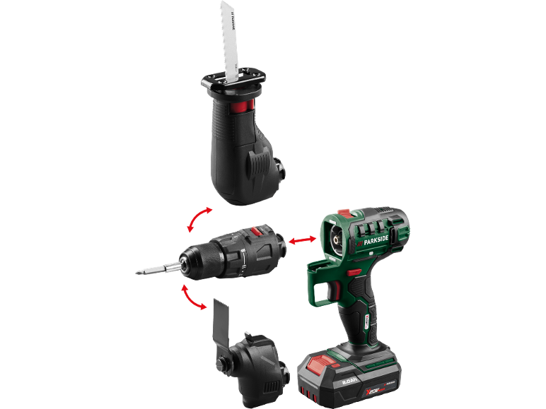 Cordless drill with interchangeable attachments for sawing, drilling, and sanding.