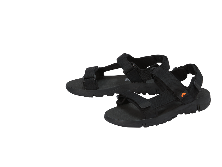 A pair of black men's sports sandals with adjustable straps.