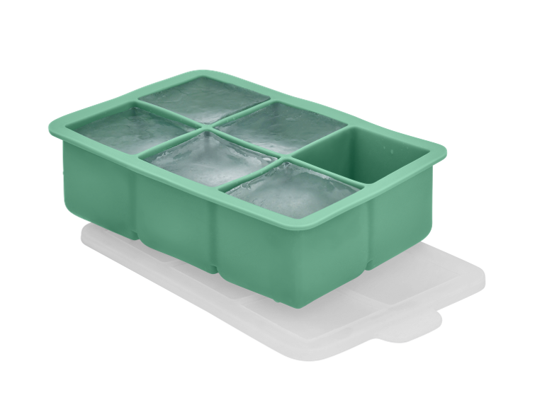 Green ice cube tray with a white lid, filled with ice cubes.