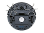 Underside of a robot vacuum cleaner with side brushes and wheels, with label details.