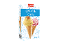 Packaging of 8 waffle cones for ice cream, with an illustration of vanilla and strawberry ice cream.
