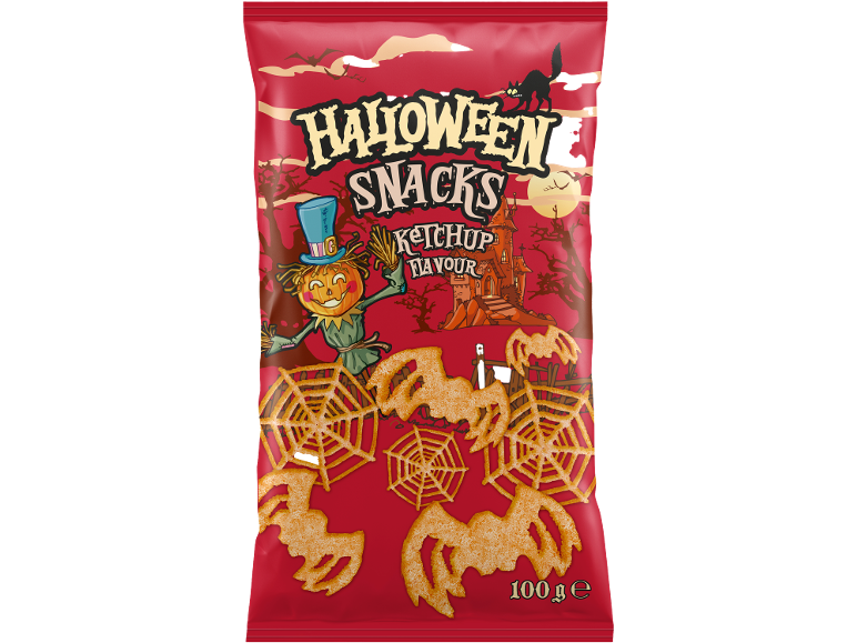Halloween snacks with ketchup flavour, shaped as bats and spiderwebs.