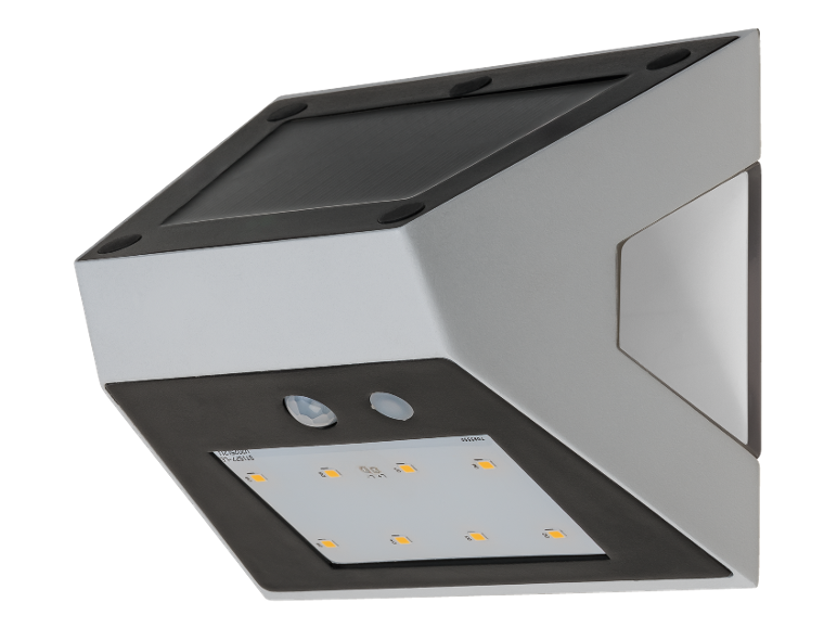 Solar wall light with motion sensor and LEDs.
