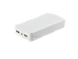 White power bank with two USB-A and one USB-C port, and a charge indicator.
