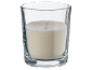 White candle in a clear glass tumbler.