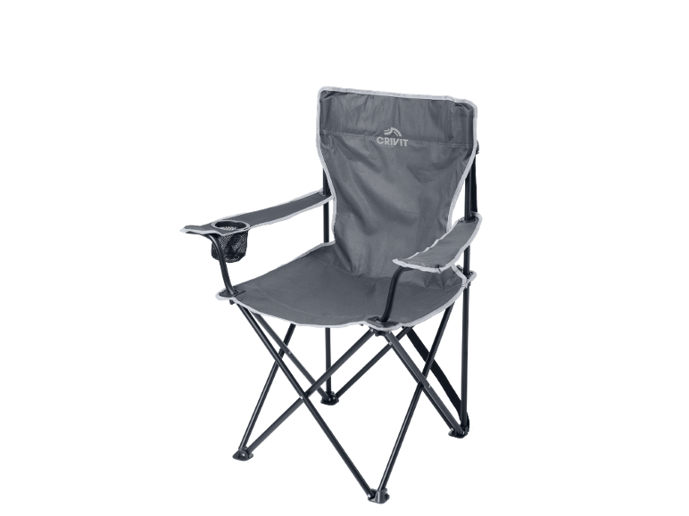 Grey folding camping chair with armrests and a cup holder.