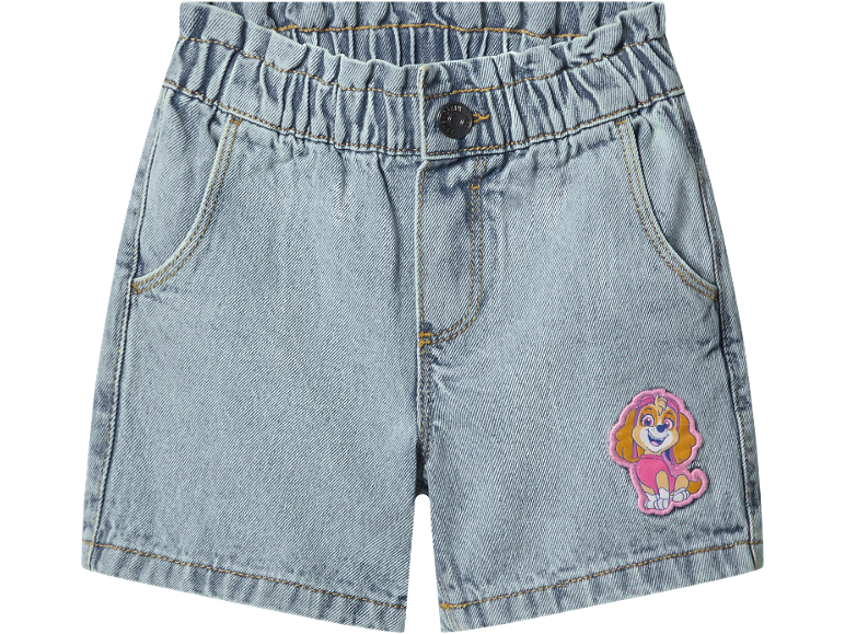 Girls' denim shorts with elastic waistband and pink dog application.