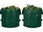 Two green garden waste bags filled with leaves.