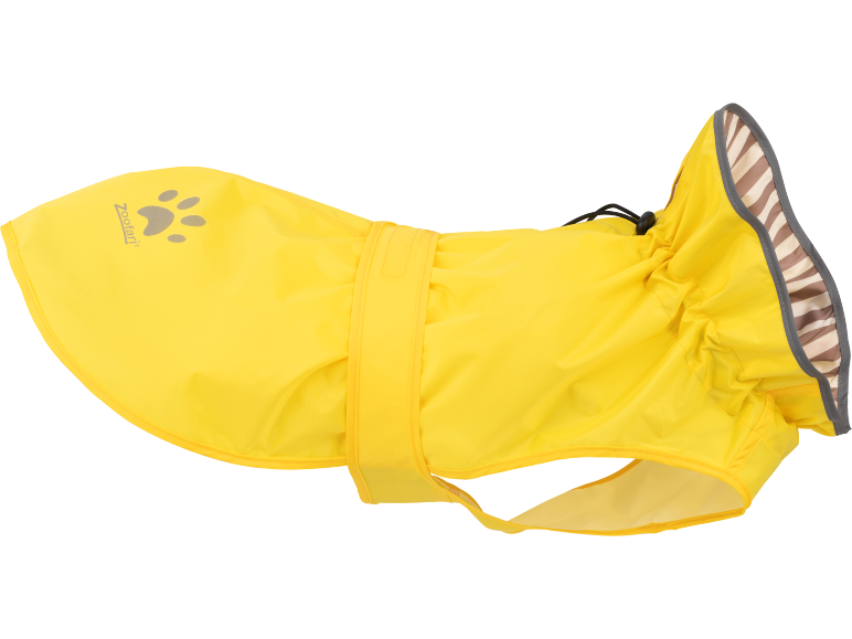 Yellow dog raincoat with a paw print and striped lining.