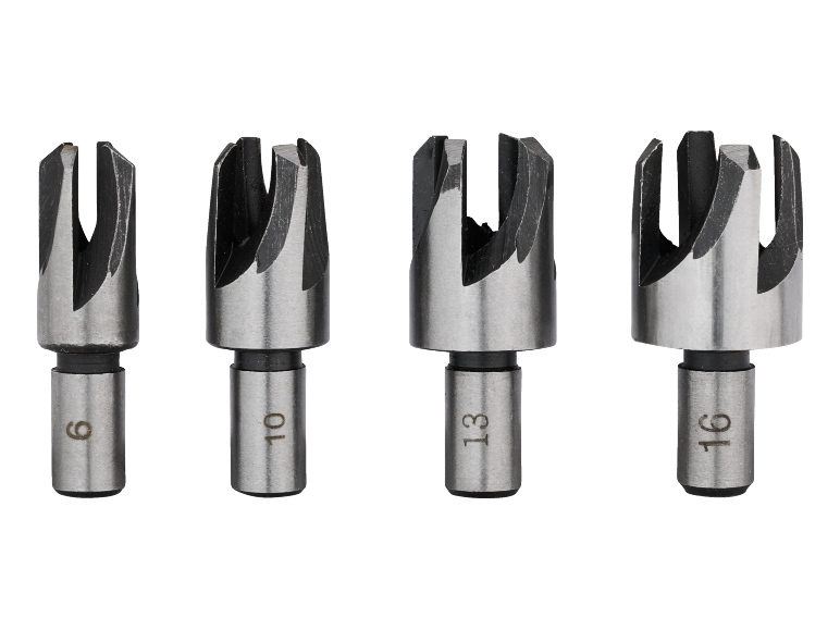 Set of four wood plug cutters, sizes 6, 10, 13, and 16 mm.