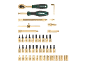 Tool set with ratchet, screwdriver, bits, and sockets in gold color.