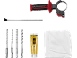 Drill accessories including an auxiliary handle, depth stop, drill bits, grease, and a cloth.