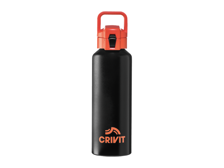 Black water bottle with an orange handle and a logo on the front.