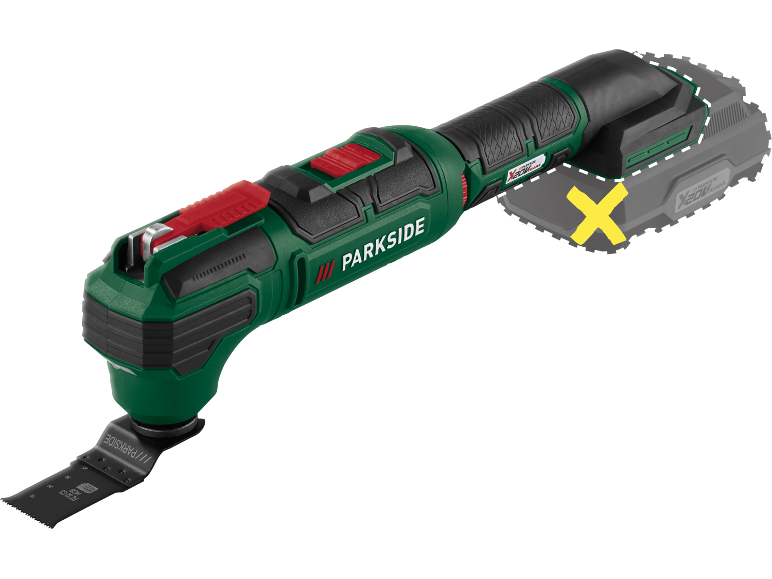 Oscillating multi-tool with a removable battery, which is not included.