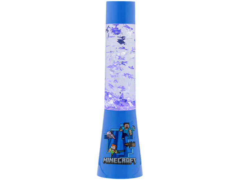 Blue lava lamp with floating purple shapes and pixelated characters at the base.