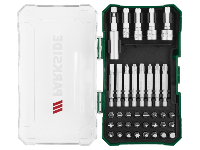 Screwdriver bit and socket wrench set in a storage box