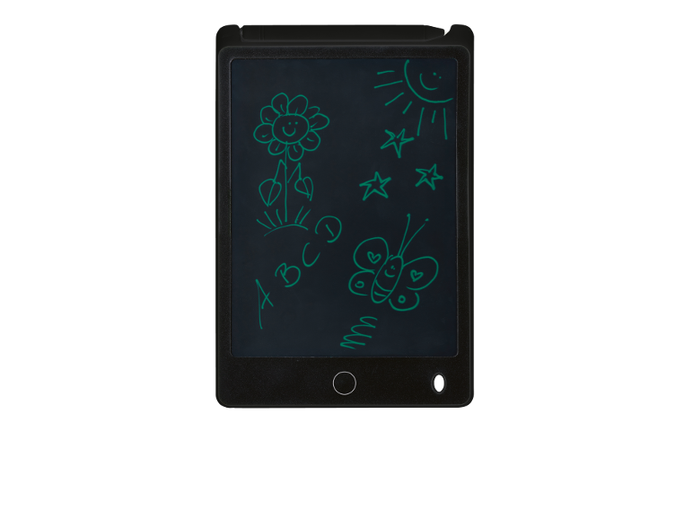 Black LCD writing tablet with children's drawings and letters.
