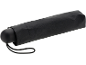 Black foldable umbrella with strap, closed and laid out on a white background.