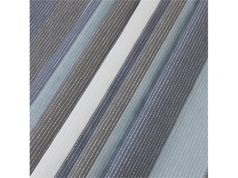 Striped fabric with varying shades of blue, grey, and white, featuring dashed lines.
